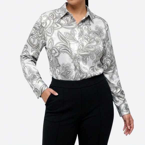 Hawes & Curtis Tops - Hawes & Curtis Satin Paisley French Cuff Fitted Shirt White Gray 0X Large Chic
